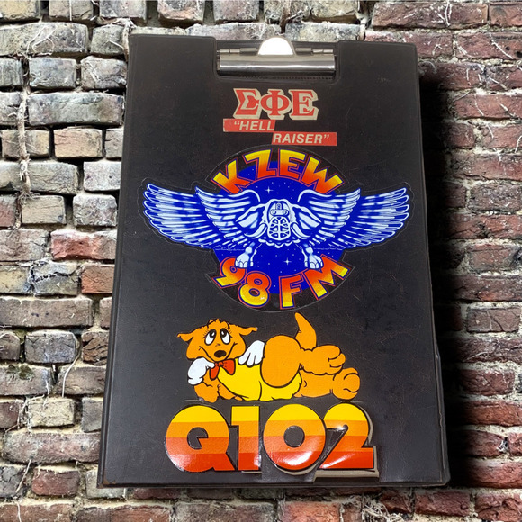 Vintage 1980's Dallas Texas Bumper Stickers Decals on Clipboard Hard Rock Metal - Picture 1 of 3